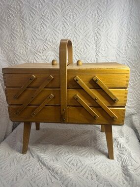 Vintage Wooden Sewing Box Accordion Storage w/ Legs